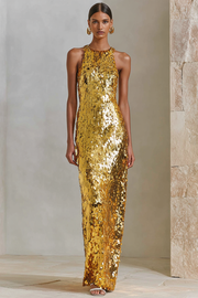 Sparkly Sequin Golden Sheath Halter Maxi Gala Dress