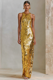 Sparkly Sequin Golden Sheath Halter Maxi Gala Dress