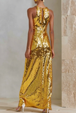 Sparkly Sequin Golden Sheath Halter Maxi Gala Dress