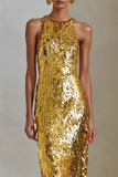 Sparkly Sequin Golden Sheath Halter Maxi Gala Dress