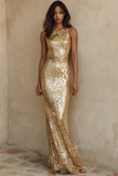 Sparkly Sequin Champagne Round Neck Mermaid Long Gala Dress