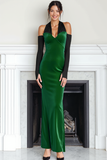 Dark Green Halter Velvet Long Holiday Party Dress