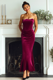 Burgundy Velvet Mermaid Drape Long Holiday Party Dress