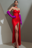Red Satin Sheath Sweetheart Maxi Evening Dress with Slit
