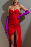 Red Satin Sheath Sweetheart Maxi Evening Dress with Slit