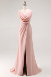 Blush Pink Cowl Neck Maxi Bridesmaid Dress with Slit