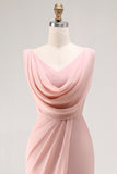 Blush Pink Cowl Neck Maxi Bridesmaid Dress with Slit
