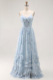 Blue A Line Ruffled Floral Long Bridesmaid Dress with Slit