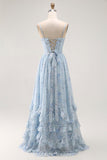 Blue A Line Ruffled Floral Long Bridesmaid Dress with Slit