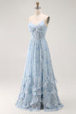 Blue A Line Ruffled Floral Long Bridesmaid Dress with Slit