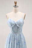 Blue A Line Ruffled Floral Long Bridesmaid Dress with Slit