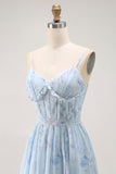 Blue A Line Ruffled Floral Long Bridesmaid Dress with Slit