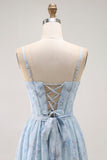 Blue A Line Ruffled Floral Long Bridesmaid Dress with Slit