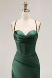 Dark Green Corset Long Mermaid Satin Wedding Guest Dress with Slit
