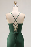 Dark Green Corset Long Mermaid Satin Wedding Guest Dress with Slit