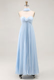 Sky Blue A Line Neck Scarf Sweetheart Pleated Maxi Bridesmaid Dress