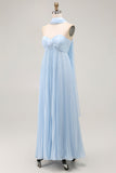 Sky Blue A Line Neck Scarf Sweetheart Pleated Maxi Bridesmaid Dress