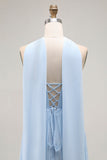 Sky Blue A Line Neck Scarf Sweetheart Pleated Maxi Bridesmaid Dress
