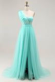 Mint Green Corset Long One Shoulder Tulle Wedding Guest Dress with Slit