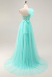 Mint Green Corset Long One Shoulder Tulle Wedding Guest Dress with Slit