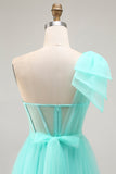 Mint Green Corset Long One Shoulder Tulle Wedding Guest Dress with Slit