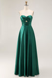 Dark Green Satin Strapless Keyhole Maxi Wedding Guest Dress