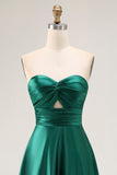 Dark Green Satin Strapless Keyhole Maxi Wedding Guest Dress