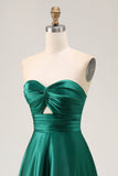 Dark Green Satin Strapless Keyhole Maxi Wedding Guest Dress