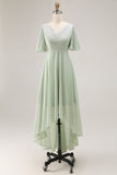 Sage Green Chiffon V-Neck High-Low Bridesmaid Dress with Sleeves