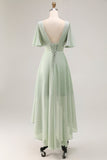 Sage Green Chiffon V-Neck High-Low Bridesmaid Dress with Sleeves