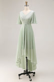 Sage Green Chiffon V-Neck High-Low Bridesmaid Dress with Sleeves