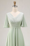 Sage Green Chiffon V-Neck High-Low Bridesmaid Dress with Sleeves
