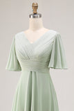 Sage Green Chiffon V-Neck High-Low Bridesmaid Dress with Sleeves