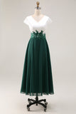 White Green V-Neck Cap Sleeves Appliqued Long Mother of the Bride Dress