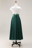 White Green V-Neck Cap Sleeves Appliqued Long Mother of the Bride Dress