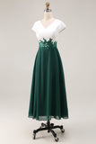 White Green V-Neck Cap Sleeves Appliqued Long Mother of the Bride Dress