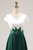 White Green V-Neck Cap Sleeves Appliqued Long Mother of the Bride Dress
