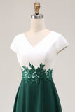 White Green V-Neck Cap Sleeves Appliqued Long Mother of the Bride Dress