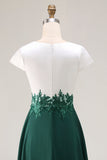White Green V-Neck Cap Sleeves Appliqued Long Mother of the Bride Dress