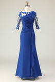 Royal Blue Mermaid Ruffled Long Mother of the Bride Dress with Sleeves