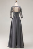 Sparkly Steel Grey High-Low Appliqued Mother of the Bride Dress with Sleeves