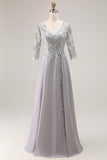 Silver V-Neck A Line Maxi Mother of the Bride Dress with Lace