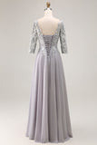 Silver V-Neck A Line Maxi Mother of the Bride Dress with Lace
