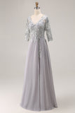 Silver V-Neck A Line Maxi Mother of the Bride Dress with Lace