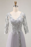 Silver V-Neck A Line Maxi Mother of the Bride Dress with Lace