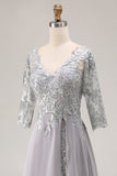Silver V-Neck A Line Maxi Mother of the Bride Dress with Lace