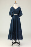 Sparkly Navy V-Neck Appliqued Maxi Mother of the Bride Dress