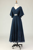 Sparkly Navy V-Neck Appliqued Maxi Mother of the Bride Dress