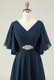 Sparkly Navy V-Neck Appliqued Maxi Mother of the Bride Dress