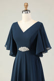 Sparkly Navy V-Neck Appliqued Maxi Mother of the Bride Dress
